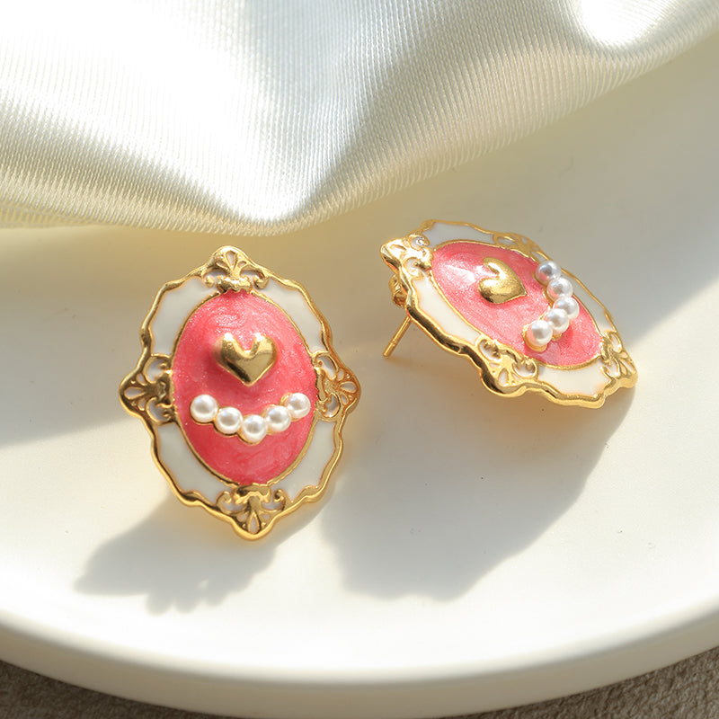 Heart Shape Stud Earrings For Women, Electroplated 304 Stainless Steel With 18K Gold Plated And Imitation Pearl Inlay