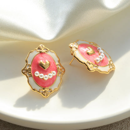 Heart Shape Stud Earrings For Women, Electroplated 304 Stainless Steel With 18K Gold Plated And Imitation Pearl Inlay