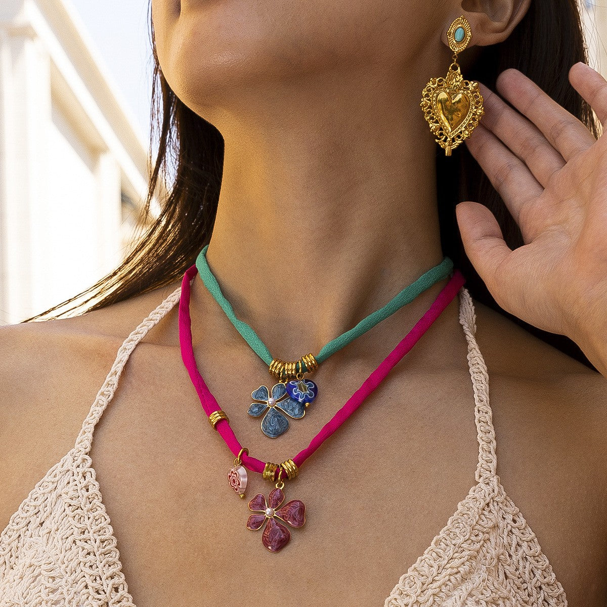 Flowers Necklace For Women Featuring Enamel Craft In Durable Titanium Steel With Steel Color Finish