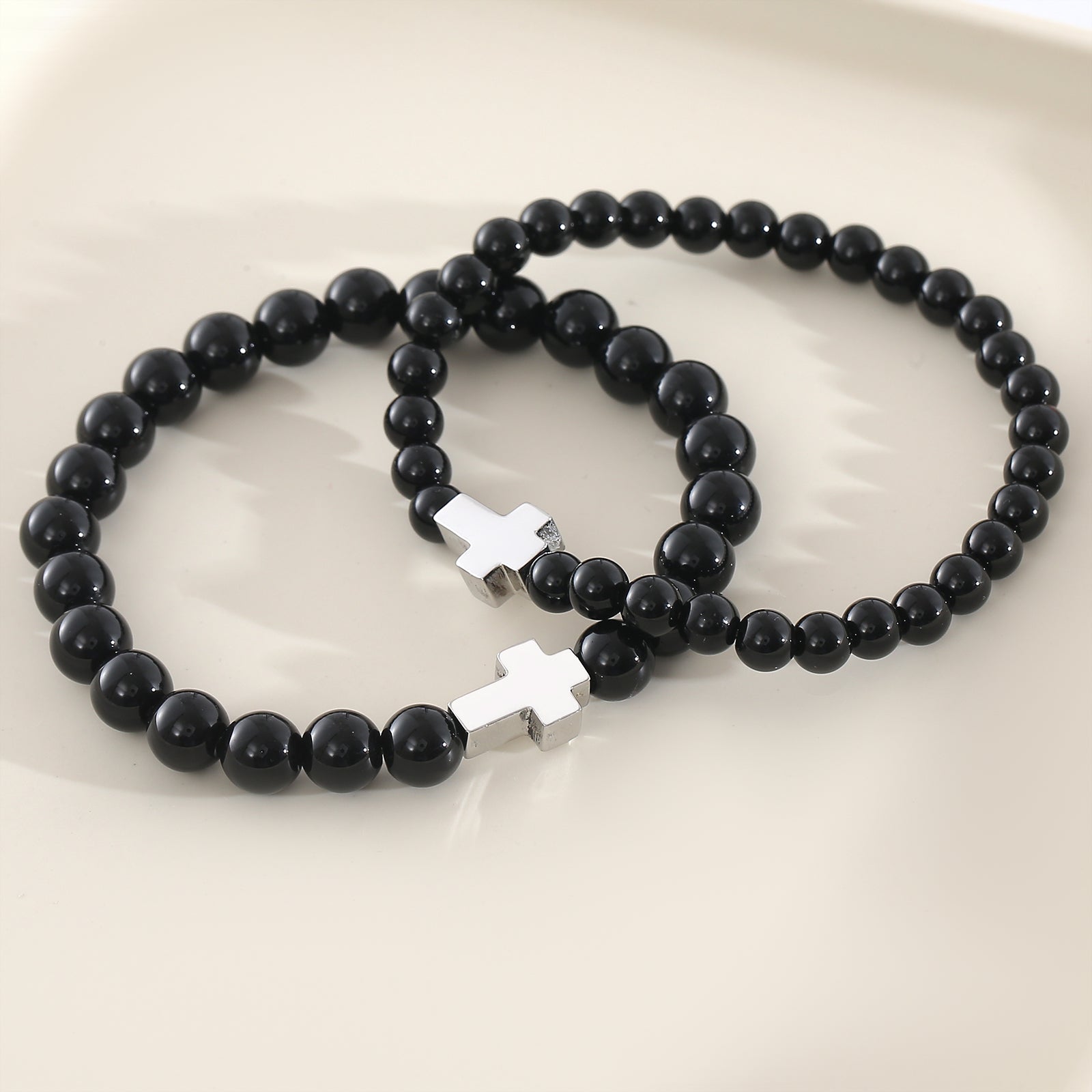 Cross Natural Stone Bracelet For Men With Platinum Plated 0.05µm-0.08µm Beaded Chain Featuring Beading Craft