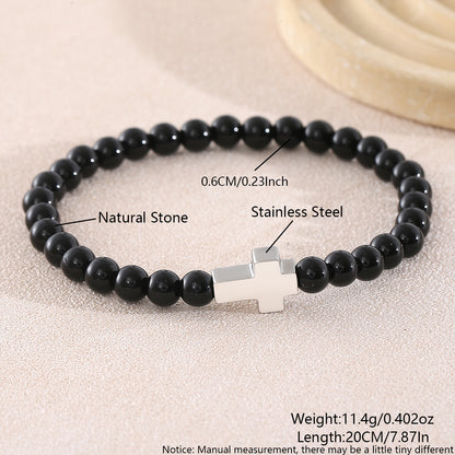 Cross Natural Stone Bracelet For Men With Platinum Plated 0.05µm-0.08µm Beaded Chain Featuring Beading Craft