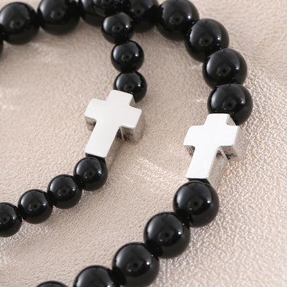 Cross Natural Stone Bracelet For Men With Platinum Plated 0.05µm-0.08µm Beaded Chain Featuring Beading Craft