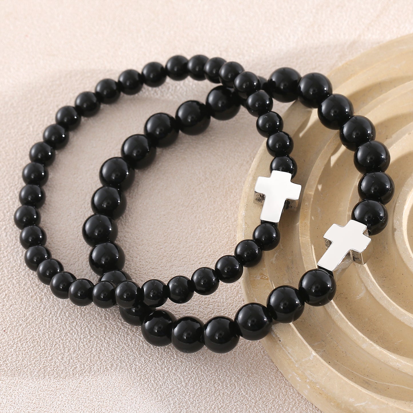 Cross Natural Stone Bracelet For Men With Platinum Plated 0.05µm-0.08µm Beaded Chain Featuring Beading Craft