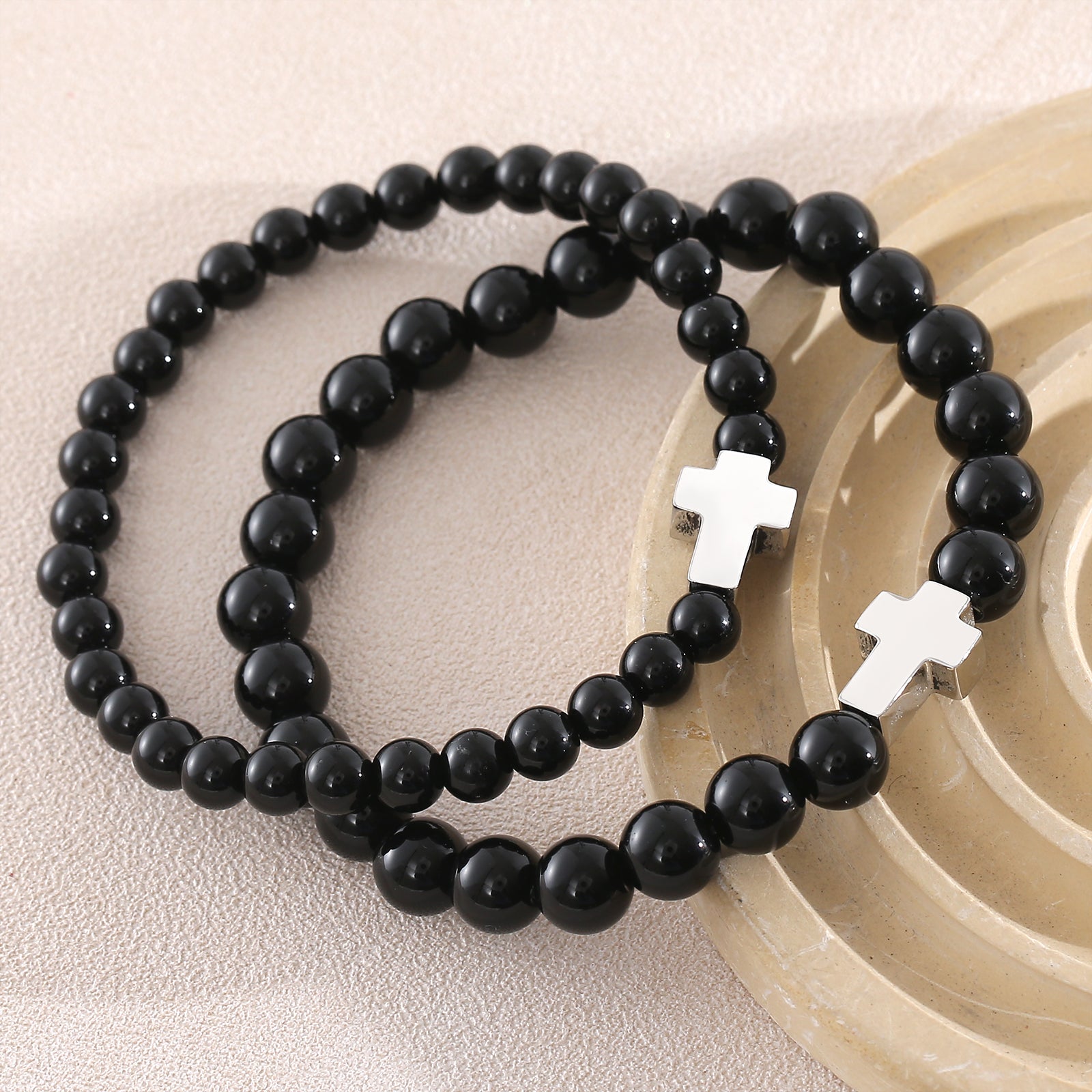Cross Natural Stone Bracelet For Men With Platinum Plated 0.05µm-0.08µm Beaded Chain Featuring Beading Craft