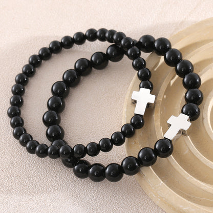 Cross Natural Stone Bracelet For Men With Platinum Plated 0.05µm-0.08µm Beaded Chain Featuring Beading Craft