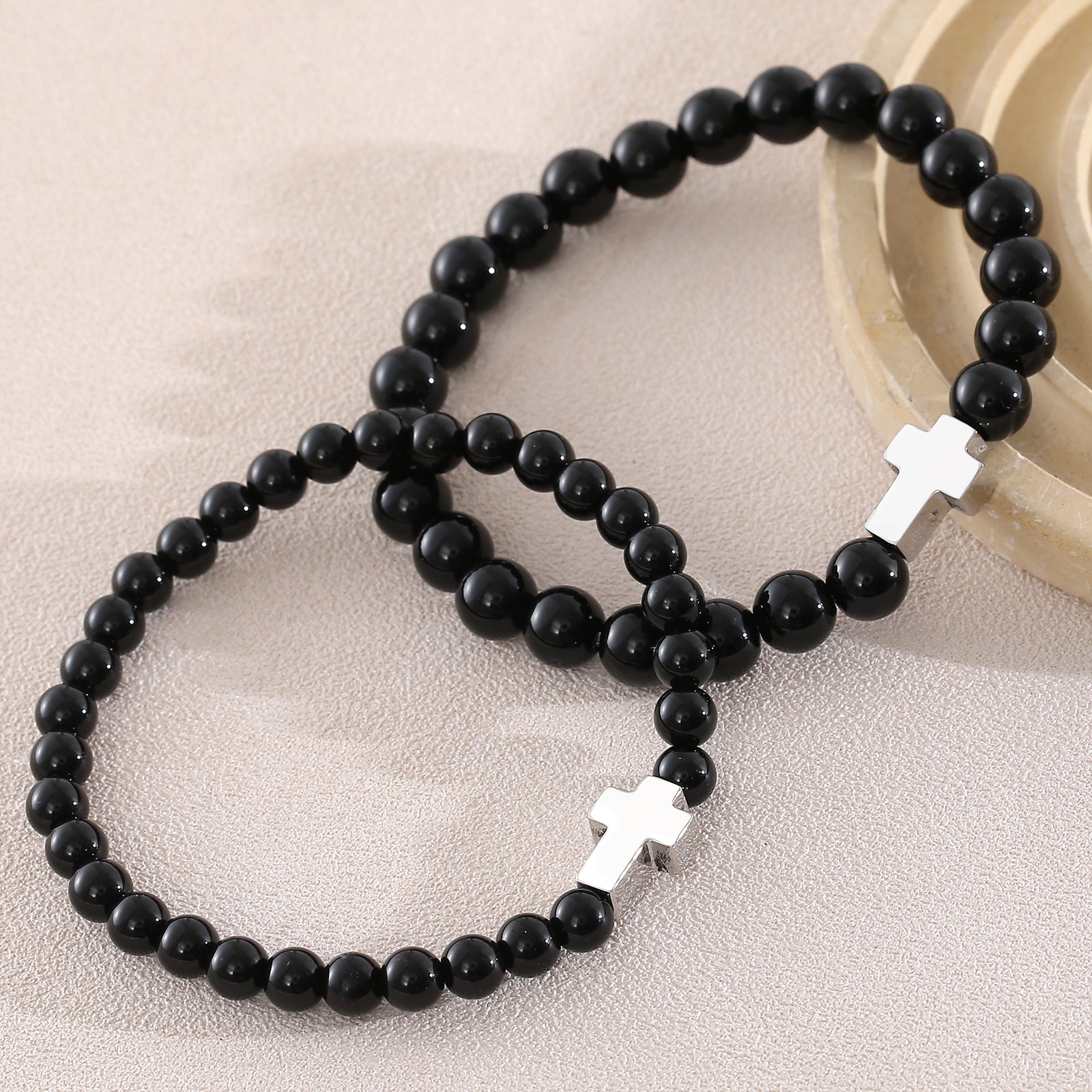 Cross Natural Stone Bracelet For Men With Platinum Plated 0.05µm-0.08µm Beaded Chain Featuring Beading Craft