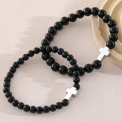 Cross Natural Stone Bracelet For Men With Platinum Plated 0.05µm-0.08µm Beaded Chain Featuring Beading Craft