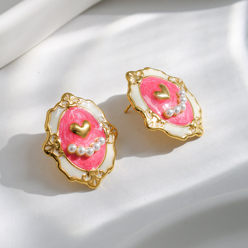 Heart Shape Stud Earrings For Women, Electroplated 304 Stainless Steel With 18K Gold Plated And Imitation Pearl Inlay
