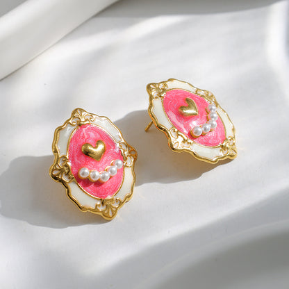 Heart Shape Stud Earrings For Women, Electroplated 304 Stainless Steel With 18K Gold Plated And Imitation Pearl Inlay