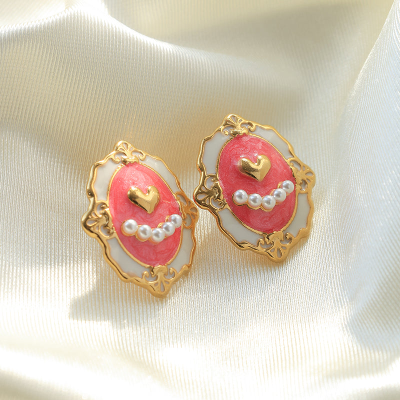 Heart Shape Stud Earrings For Women, Electroplated 304 Stainless Steel With 18K Gold Plated And Imitation Pearl Inlay