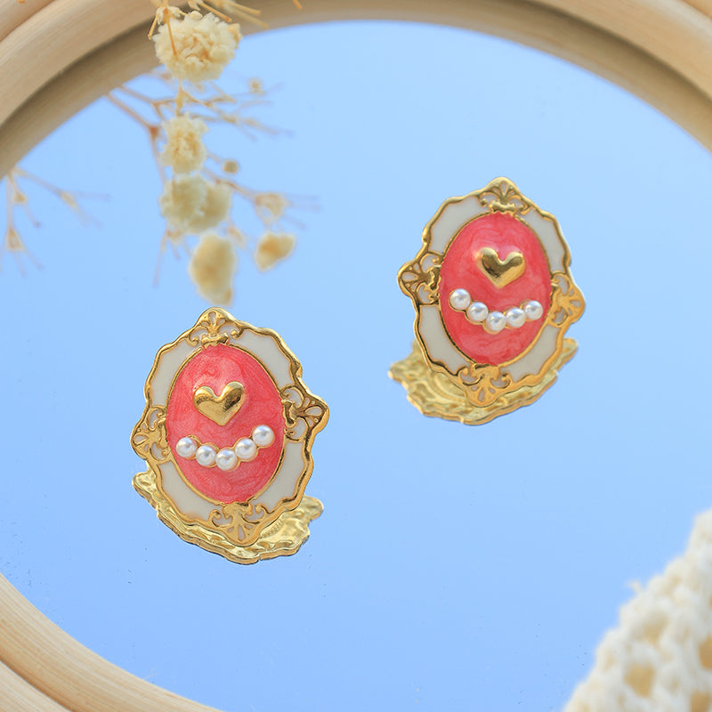 Heart Shape Stud Earrings For Women, Electroplated 304 Stainless Steel With 18K Gold Plated And Imitation Pearl Inlay