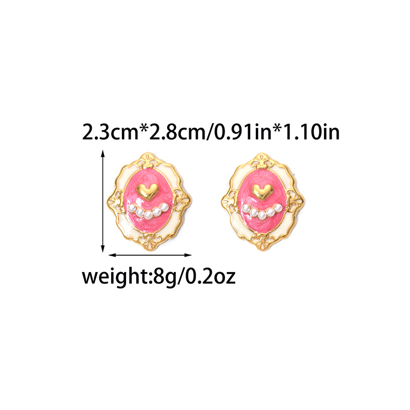 Heart Shape Stud Earrings For Women, Electroplated 304 Stainless Steel With 18K Gold Plated And Imitation Pearl Inlay