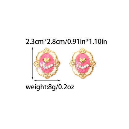 Heart Shape Stud Earrings For Women, Electroplated 304 Stainless Steel With 18K Gold Plated And Imitation Pearl Inlay