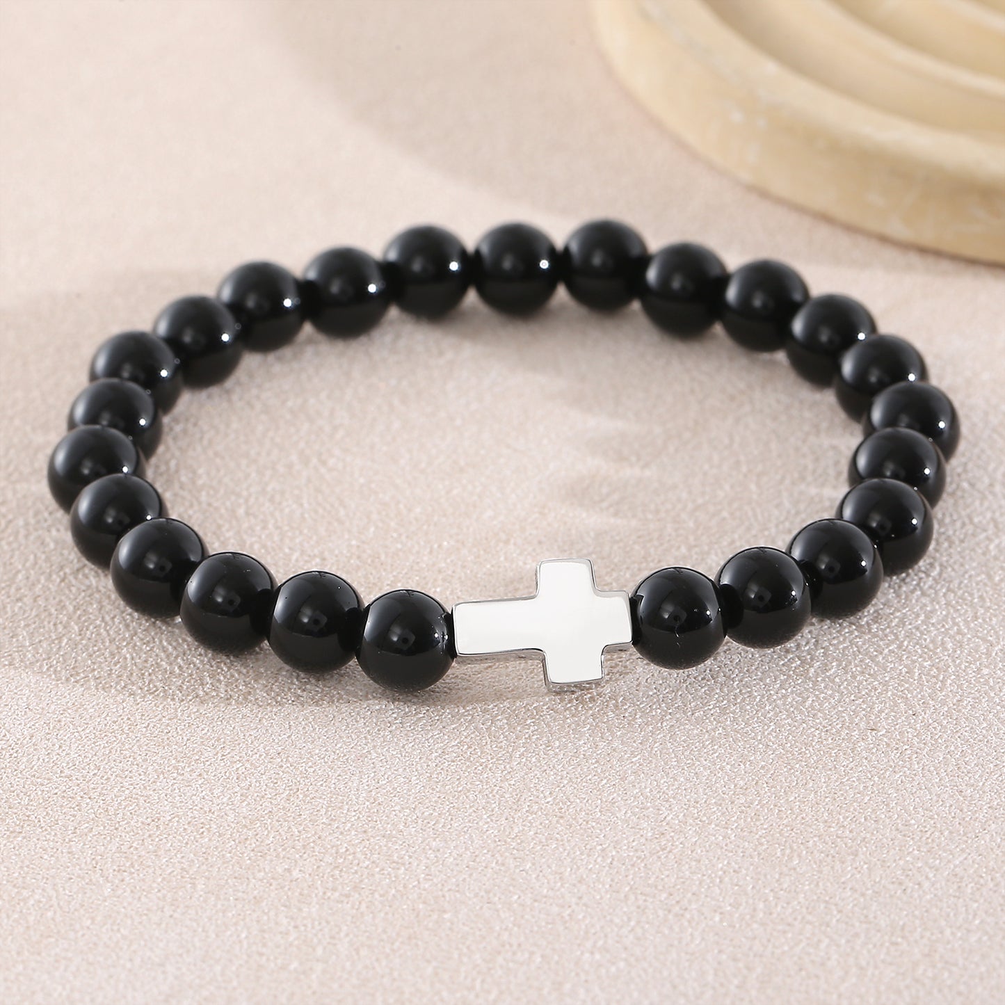 Cross Natural Stone Bracelet For Men With Platinum Plated 0.05µm-0.08µm Beaded Chain Featuring Beading Craft