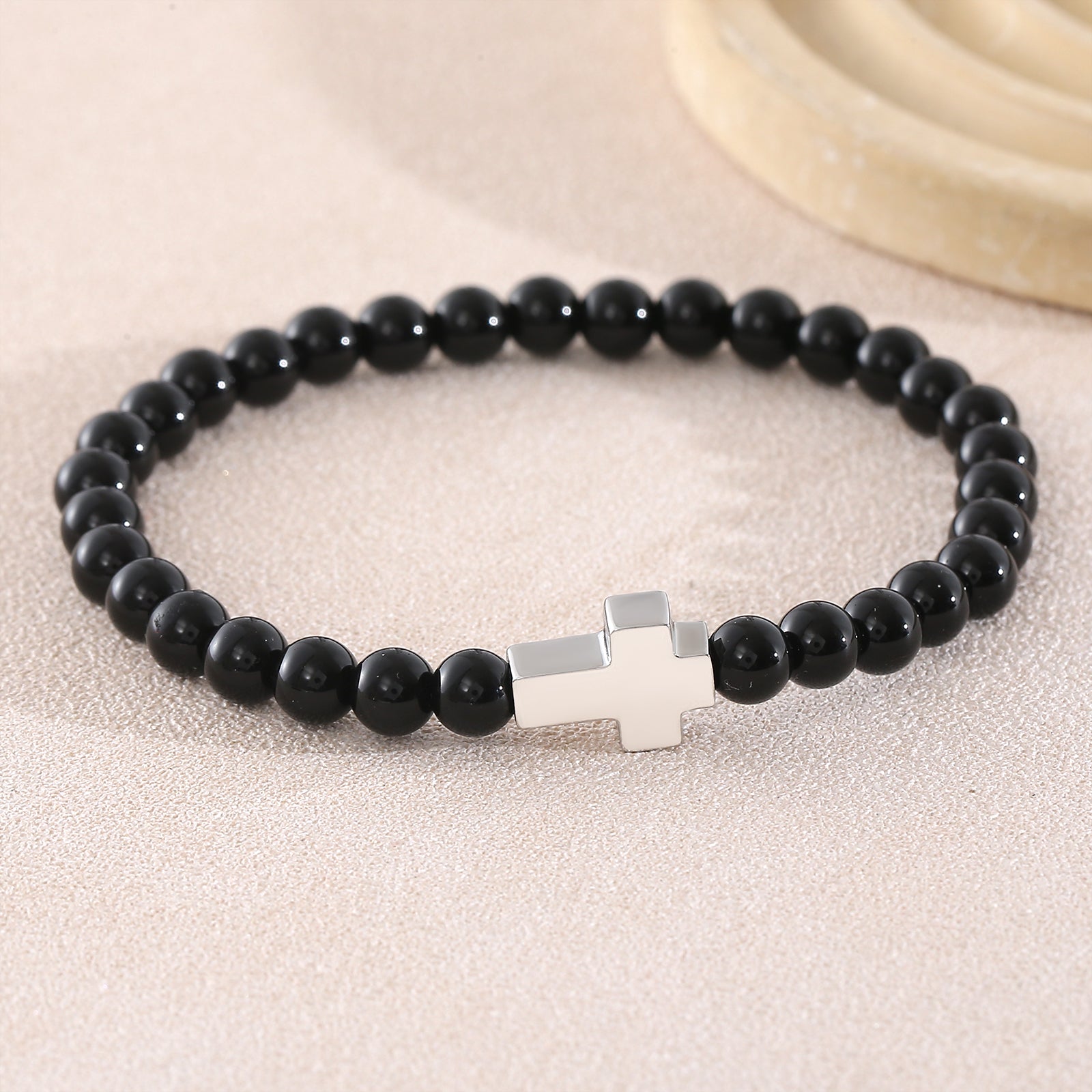 Cross Natural Stone Bracelet For Men With Platinum Plated 0.05µm-0.08µm Beaded Chain Featuring Beading Craft