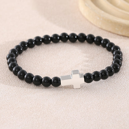 Cross Natural Stone Bracelet For Men With Platinum Plated 0.05µm-0.08µm Beaded Chain Featuring Beading Craft
