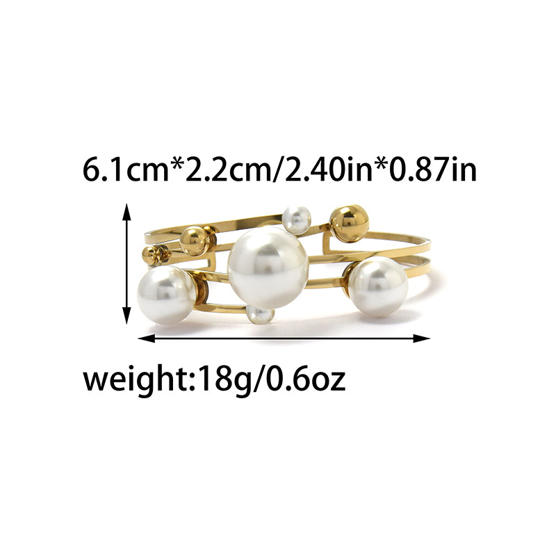Casual Pearl Bangle For Women In 304 Stainless Steel With 18K Real Gold Plated Finish And Imitation Pearl Inlay