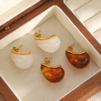 Water Droplets Stud Earrings For Women In 304 Stainless Steel Featuring Hypoallergenic Design With 18K Real Gold Plated And Resin Inlay