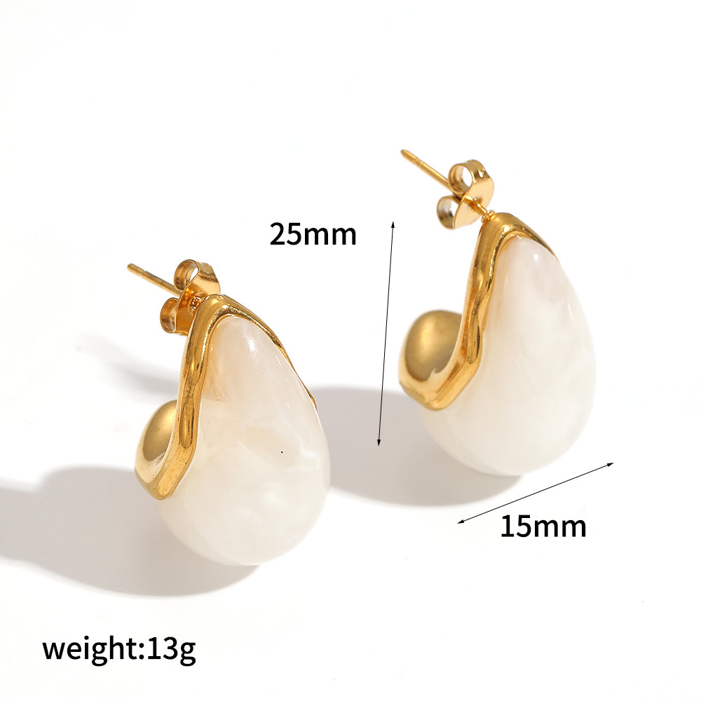 Water Droplets Stud Earrings For Women In 304 Stainless Steel Featuring Hypoallergenic Design With 18K Real Gold Plated And Resin Inlay