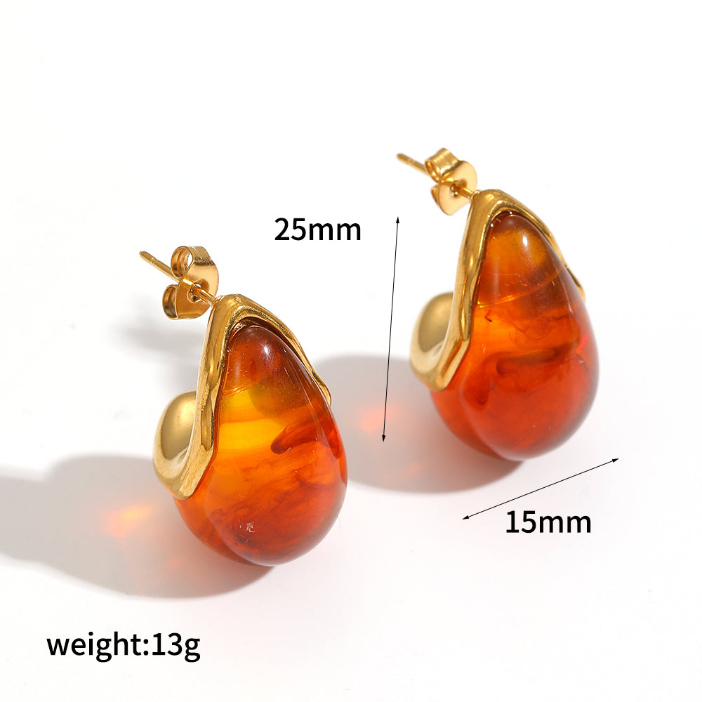 Water Droplets Stud Earrings For Women In 304 Stainless Steel Featuring Hypoallergenic Design With 18K Real Gold Plated And Resin Inlay