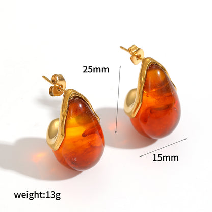 Water Droplets Stud Earrings For Women In 304 Stainless Steel Featuring Hypoallergenic Design With 18K Real Gold Plated And Resin Inlay
