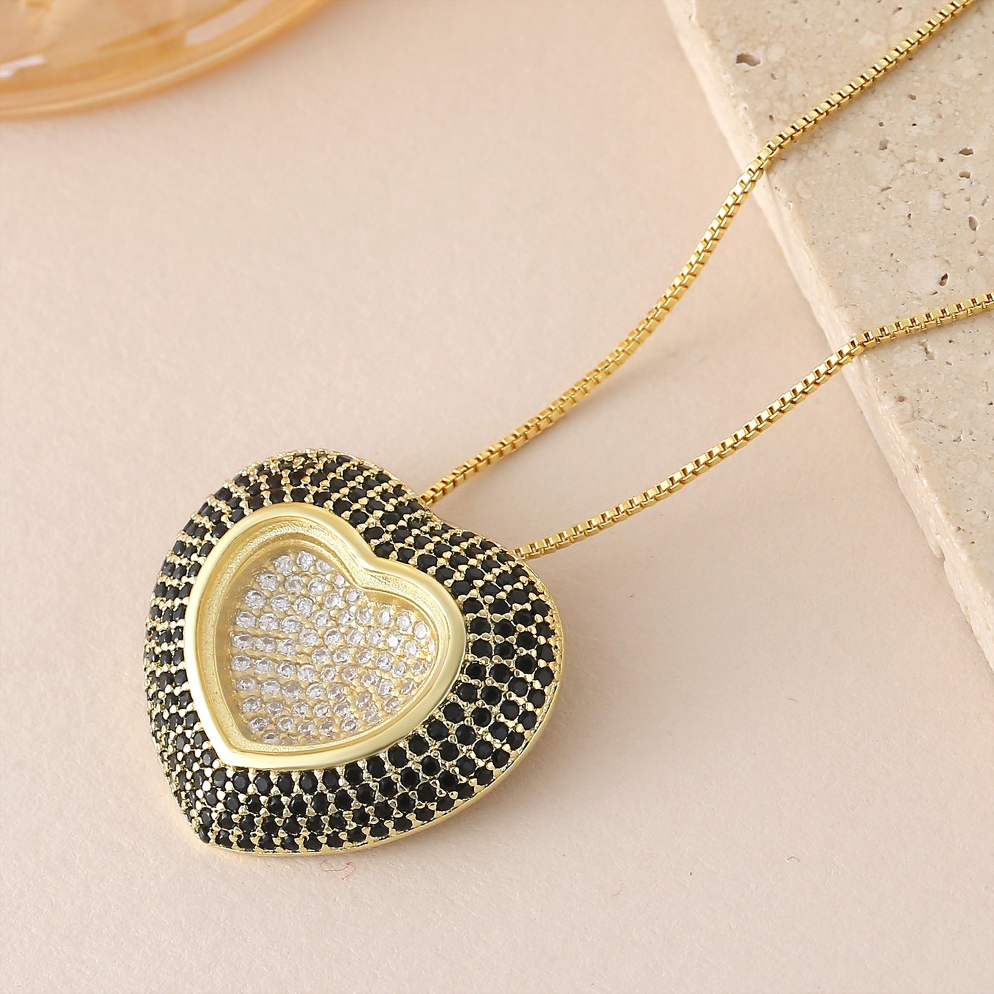 Heart Shape Pendant Necklace For Women In Copper With 18K Real Gold Plated Finish And Zircon Inlay On Box Chain