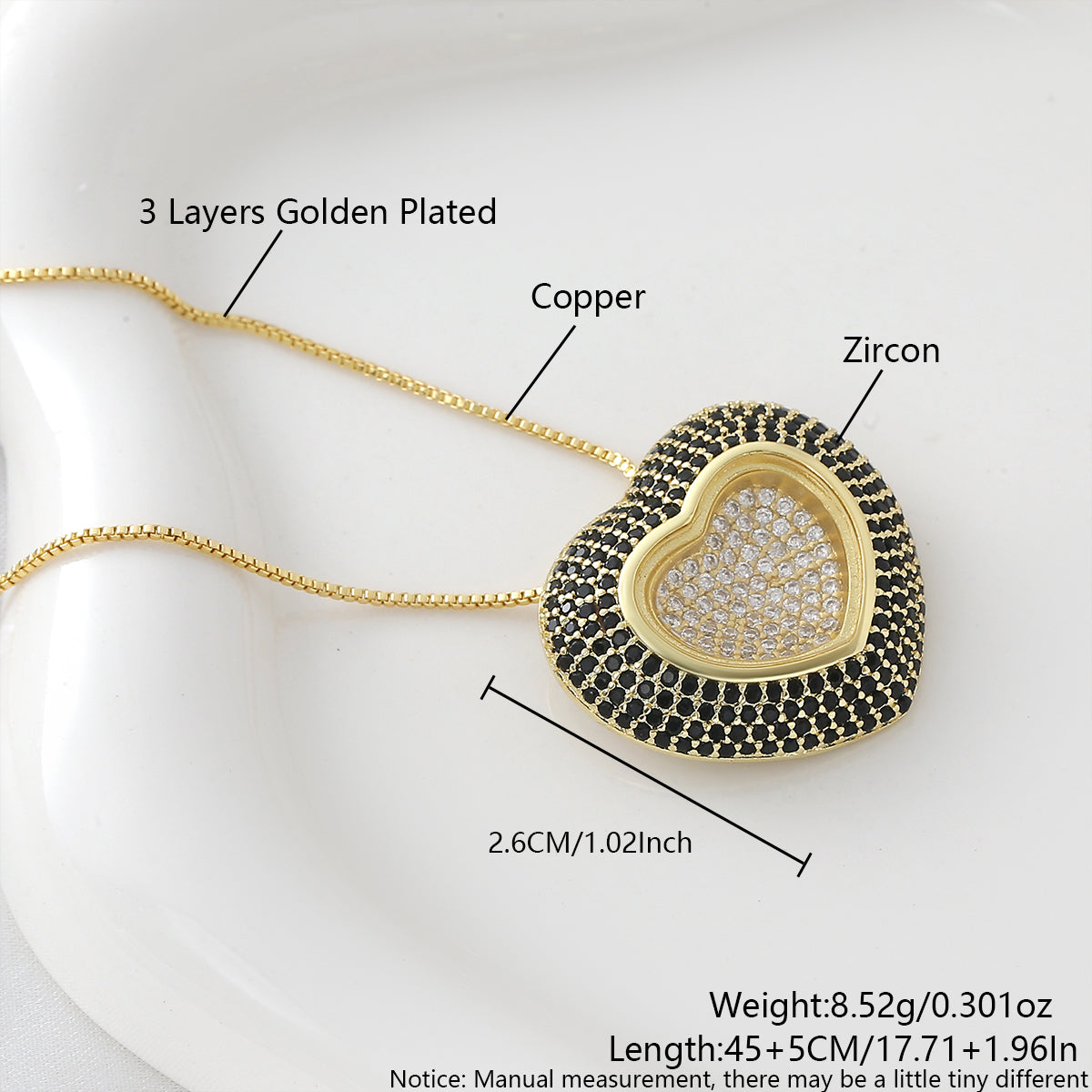 Heart Shape Pendant Necklace For Women In Copper With 18K Real Gold Plated Finish And Zircon Inlay On Box Chain
