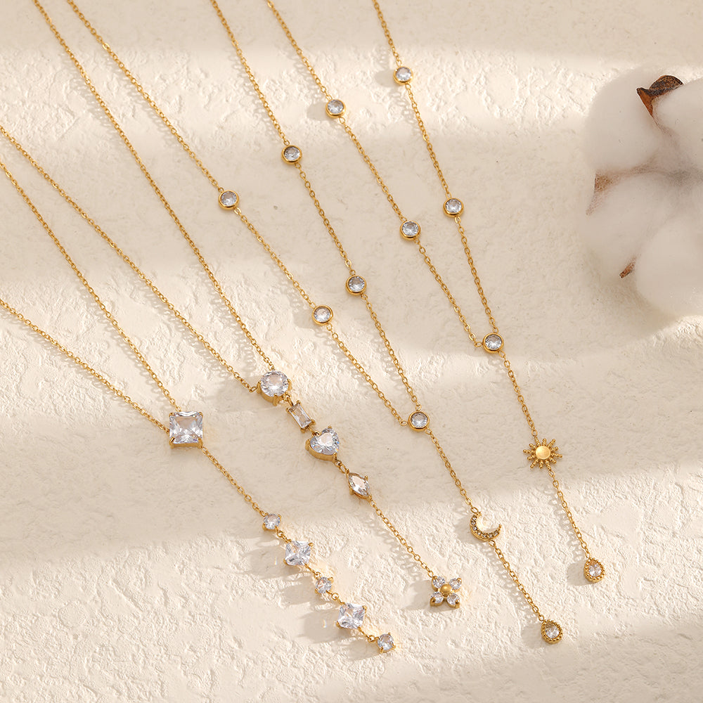 Round Necklace For Women In 304 Stainless Steel With 18K Real Gold Plated Finish Featuring Artificial Rhinestones And Cable Chain