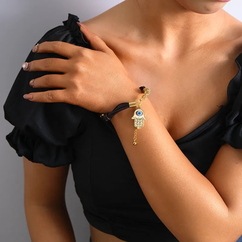 Hand Of Fatima Bracelet For Unisex Featuring Gothic Style With 304 Stainless Steel And 18K Real Gold Plated Cord String