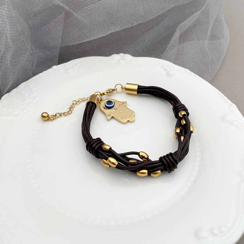 Hand Of Fatima Bracelet For Unisex Featuring Gothic Style With 304 Stainless Steel And 18K Real Gold Plated Cord String