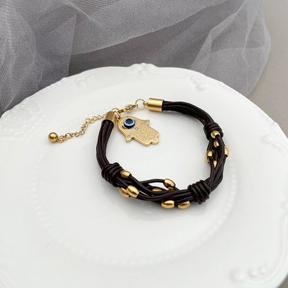 Hand Of Fatima Bracelet For Unisex Featuring Gothic Style With 304 Stainless Steel And 18K Real Gold Plated Cord String