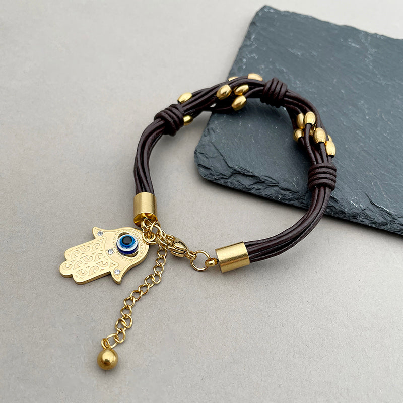 Hand Of Fatima Bracelet For Unisex Featuring Gothic Style With 304 Stainless Steel And 18K Real Gold Plated Cord String