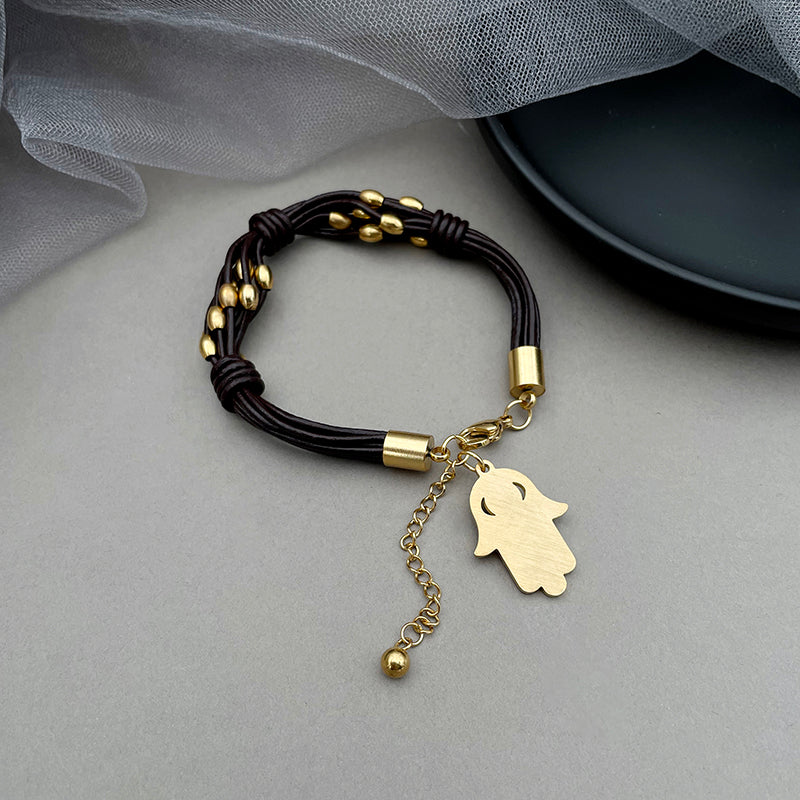 Hand Of Fatima Bracelet For Unisex Featuring Gothic Style With 304 Stainless Steel And 18K Real Gold Plated Cord String