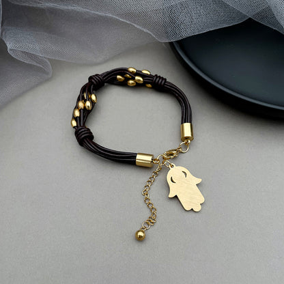 Hand Of Fatima Bracelet For Unisex Featuring Gothic Style With 304 Stainless Steel And 18K Real Gold Plated Cord String