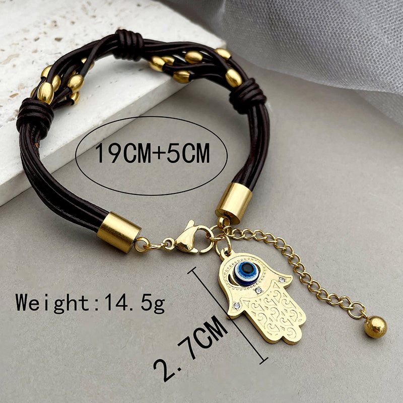 Hand Of Fatima Bracelet For Unisex Featuring Gothic Style With 304 Stainless Steel And 18K Real Gold Plated Cord String