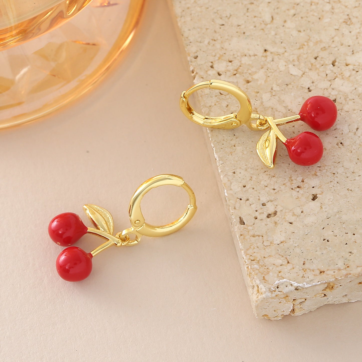 Three-dimensional Cherry Earrings For Women In Copper With 18K Real Gold Plated Electroplating