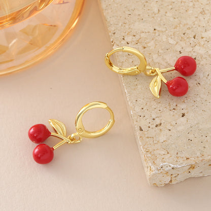 Three-dimensional Cherry Earrings For Women In Copper With 18K Real Gold Plated Electroplating
