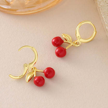 Three-dimensional Cherry Earrings For Women In Copper With 18K Real Gold Plated Electroplating