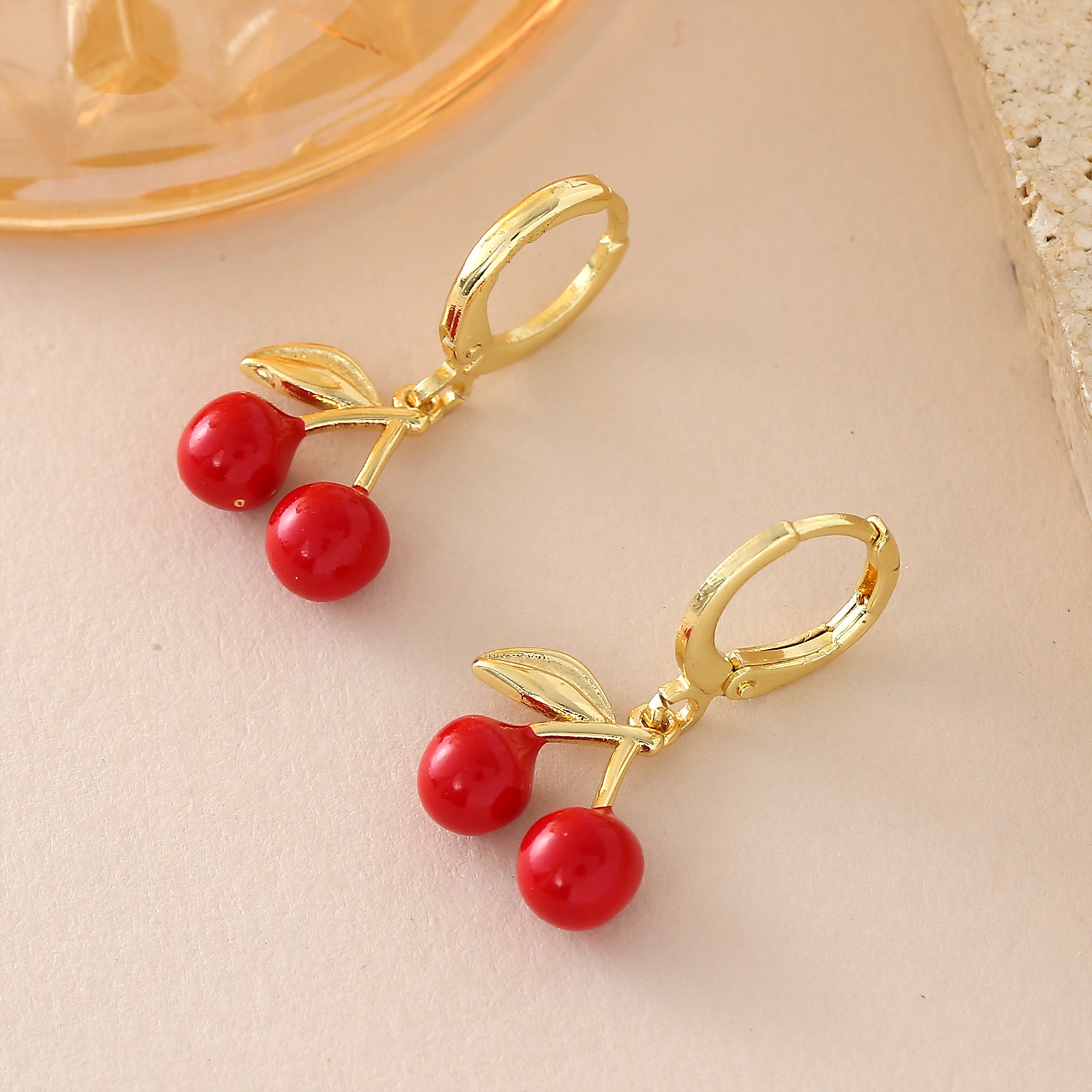 Three-dimensional Cherry Earrings For Women In Copper With 18K Real Gold Plated Electroplating