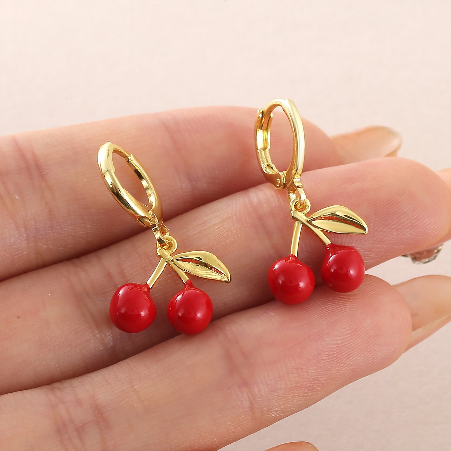 Three-dimensional Cherry Earrings For Women In Copper With 18K Real Gold Plated Electroplating