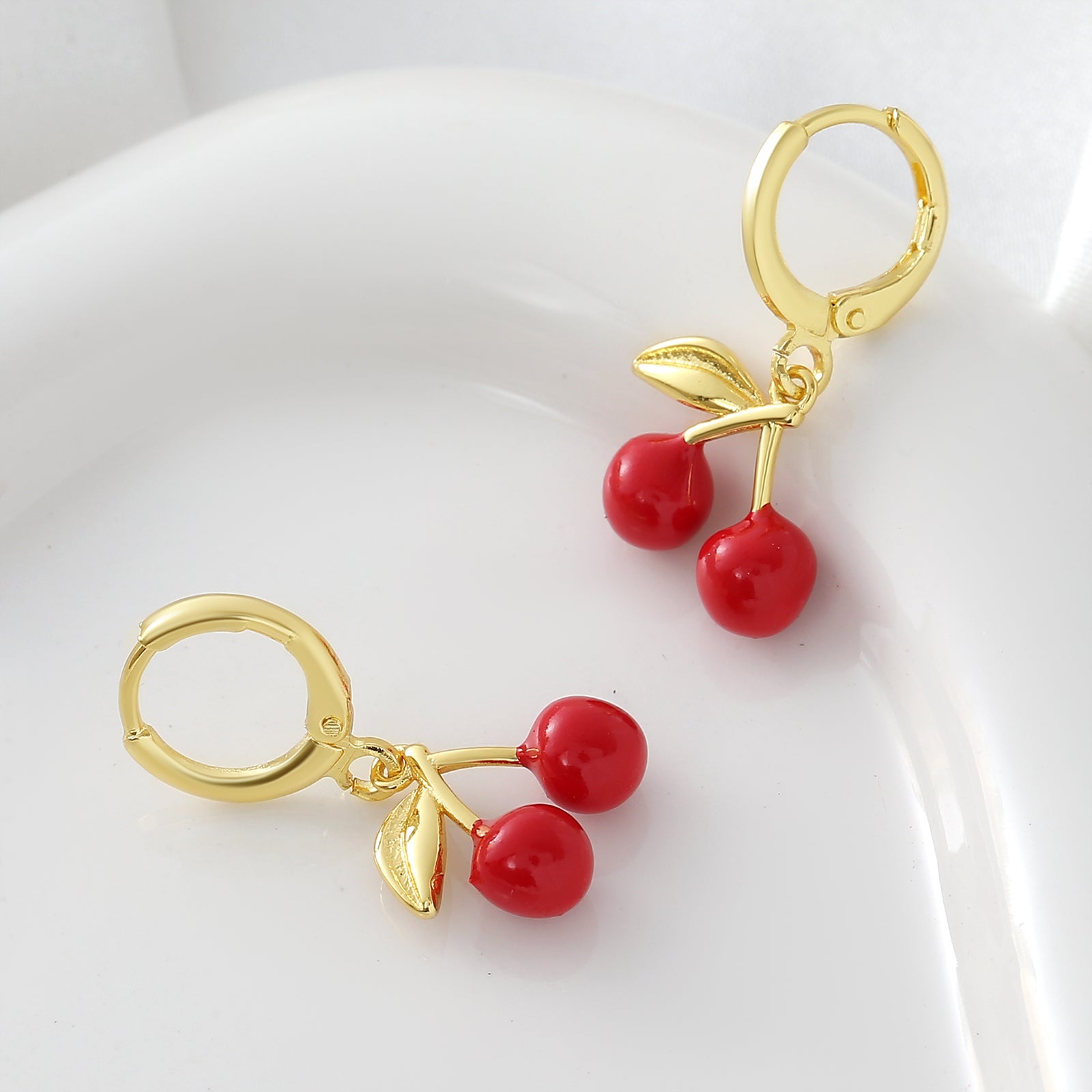 Three-dimensional Cherry Earrings For Women In Copper With 18K Real Gold Plated Electroplating