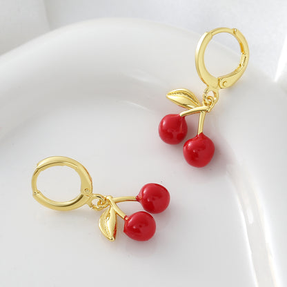 Three-dimensional Cherry Earrings For Women In Copper With 18K Real Gold Plated Electroplating