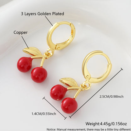 Three-dimensional Cherry Earrings For Women In Copper With 18K Real Gold Plated Electroplating