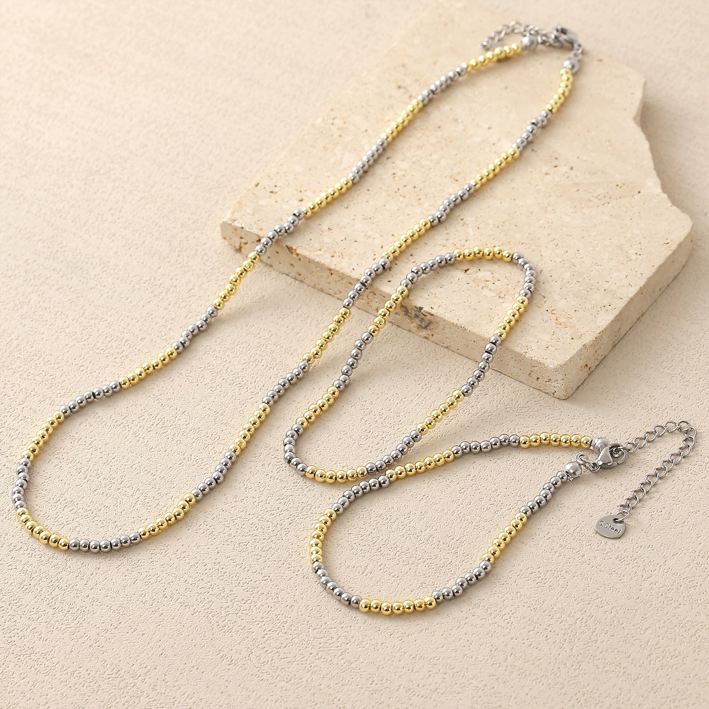 Geometric Jewelry Set For Unisex Featuring 18K Real Gold Plated 304 Stainless Steel With Beaded Chain And Beading Craft