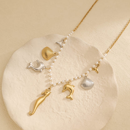Starfish Multi Charms Necklace For Women In Marine Style With 18K Real Gold Plated 304 Stainless Steel On Faux Pearl Chain