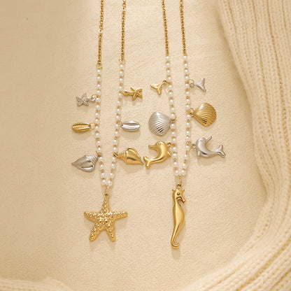 Starfish Multi Charms Necklace For Women In Marine Style With 18K Real Gold Plated 304 Stainless Steel On Faux Pearl Chain