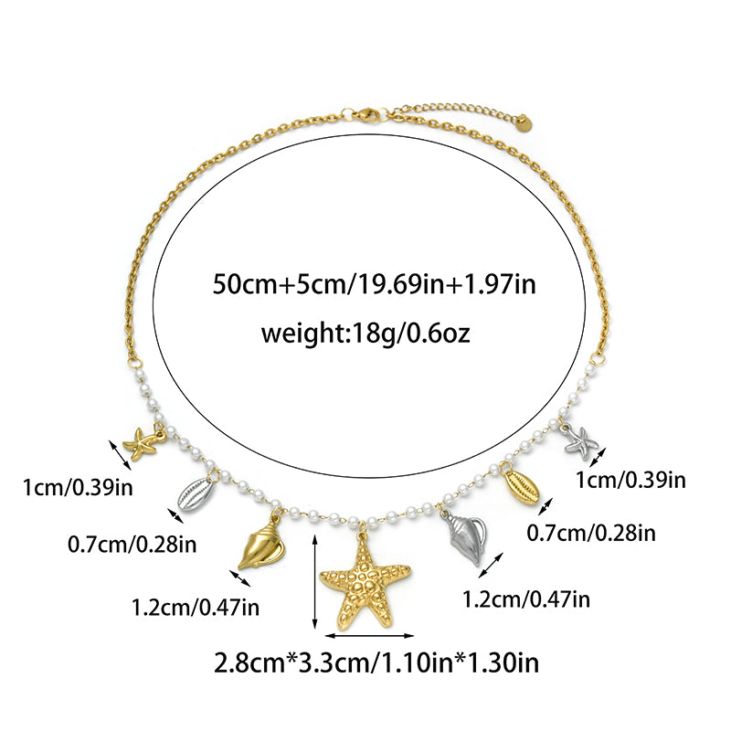 Starfish Multi Charms Necklace For Women In Marine Style With 18K Real Gold Plated 304 Stainless Steel On Faux Pearl Chain