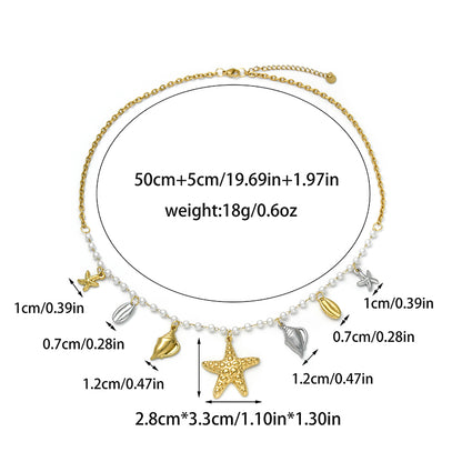 Starfish Multi Charms Necklace For Women In Marine Style With 18K Real Gold Plated 304 Stainless Steel On Faux Pearl Chain