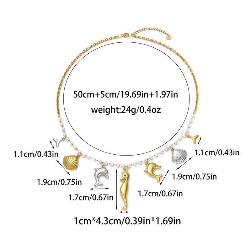 Starfish Multi Charms Necklace For Women In Marine Style With 18K Real Gold Plated 304 Stainless Steel On Faux Pearl Chain