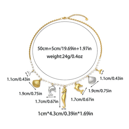 Starfish Multi Charms Necklace For Women In Marine Style With 18K Real Gold Plated 304 Stainless Steel On Faux Pearl Chain